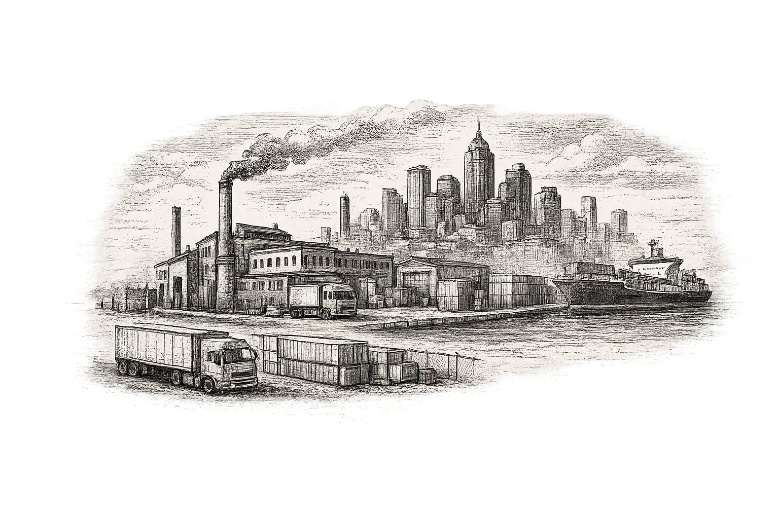 An engraving of an industrial port with a factory, freight trucks, and a cargo ship