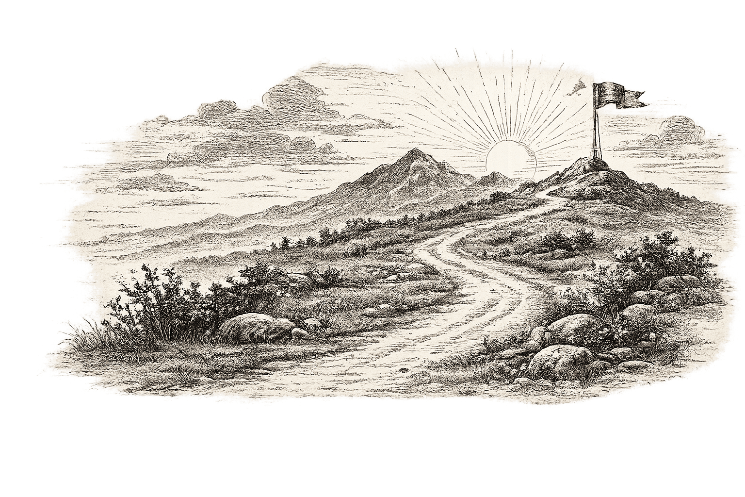 An engraving of a winding path climbing toward a flag on a sunlit mountain summit