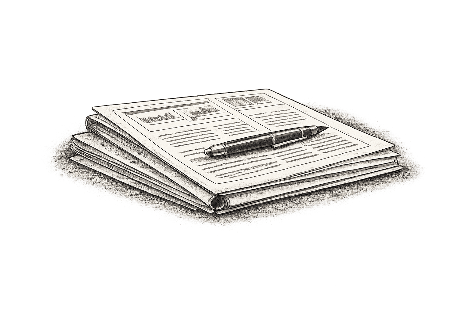 An engraving of a folded newspaper and a pen