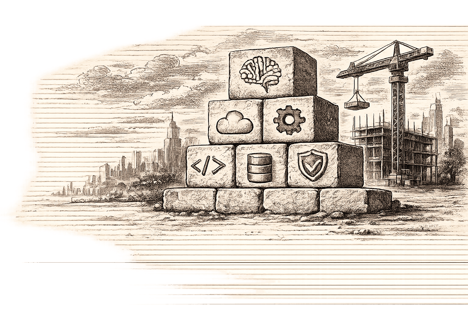 An engraving of stacked blocks with AI icons beside a building under construction