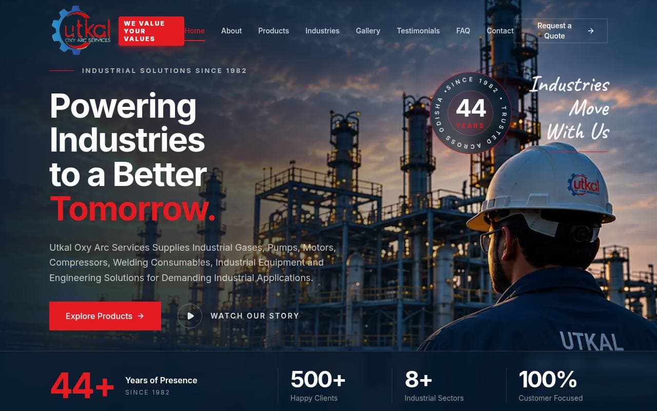 Homepage of the Utkal Oxy Arc Services website